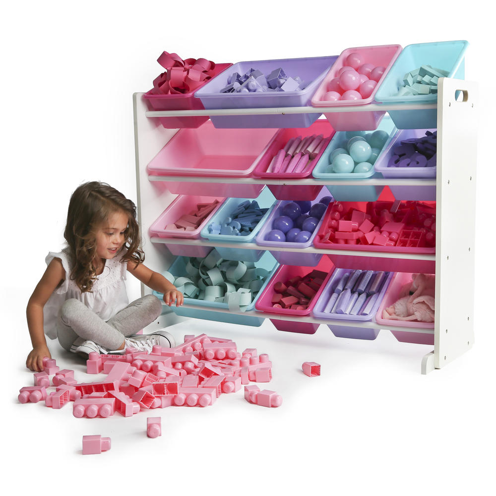 Tot Tutors  Super-Sized Kids Toy Storage Organizer w/ 16 Plastic Bins, White/Pastel - Forever Collection