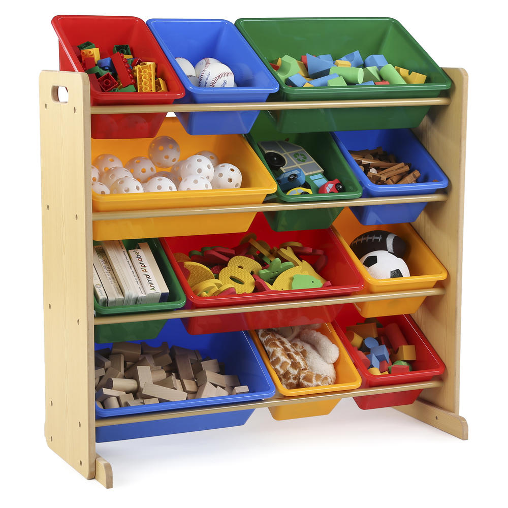 Tot Tutors Kids Toy Storage Organizer with 12 Plastic Bins, Natural/Primary (Primary Collection)