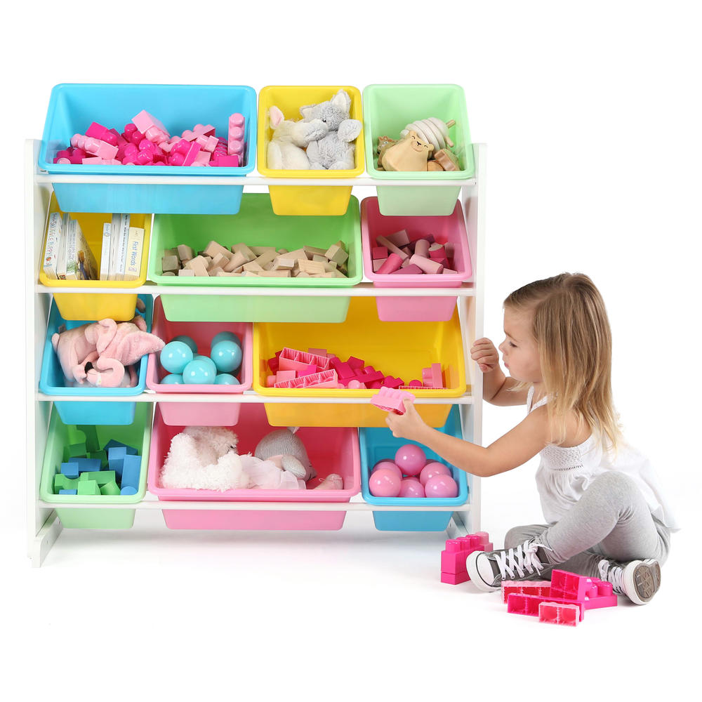 Tot Tutors Kids Toy Storage Organizer with 12 Plastic Bins, White