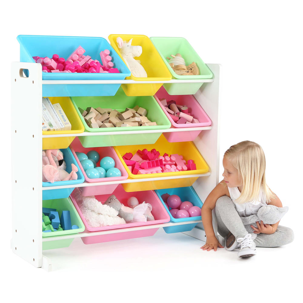 Tot Tutors Kids Toy Storage Organizer with 12 Plastic Bins, White