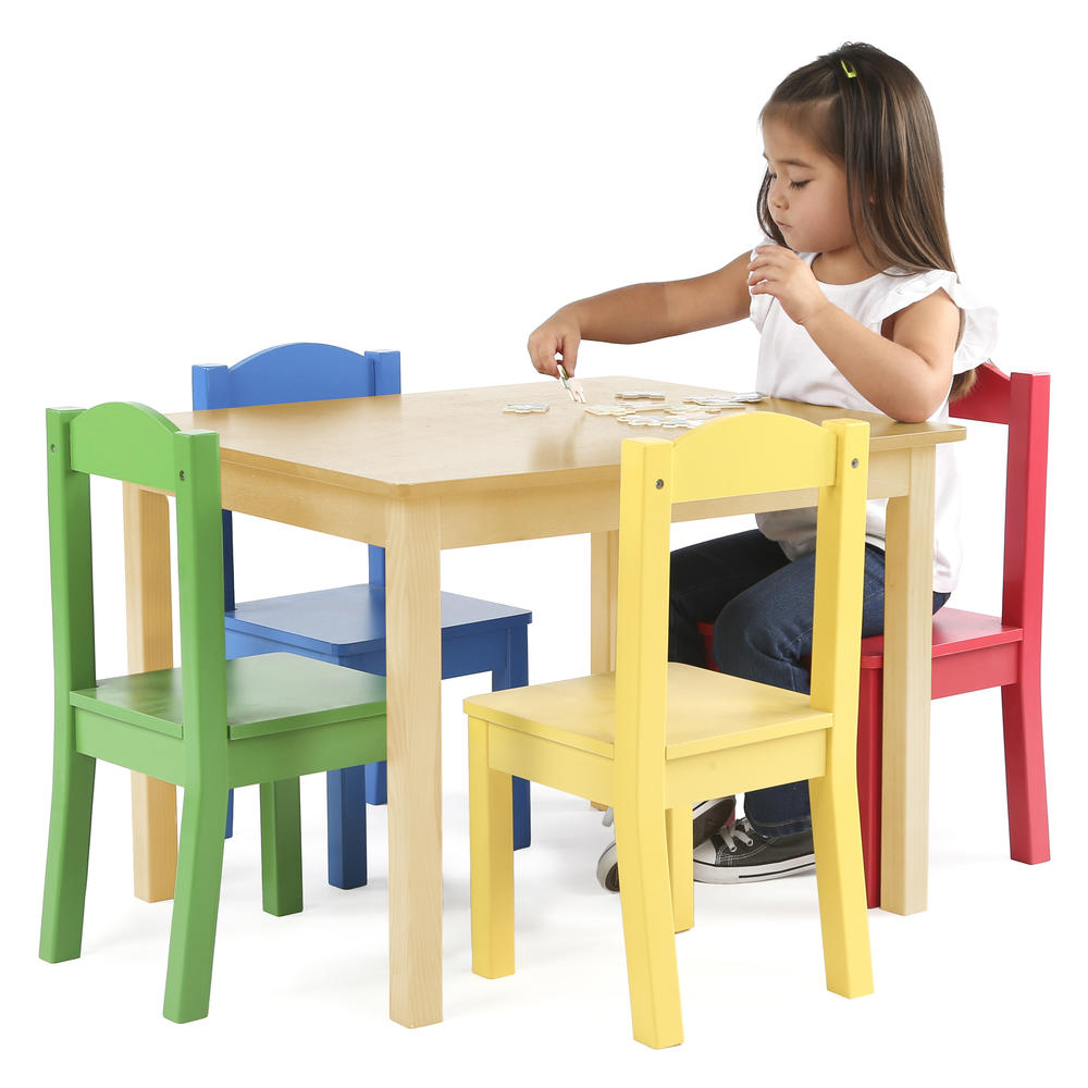 Tot Tutors Kids Wood Table and 4 Chairs Set, Natural/Primary (Primary Collection)
