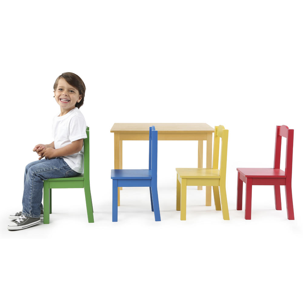 Tot Tutors Kids Wood Table and 4 Chairs Set, Natural/Primary (Primary Collection)