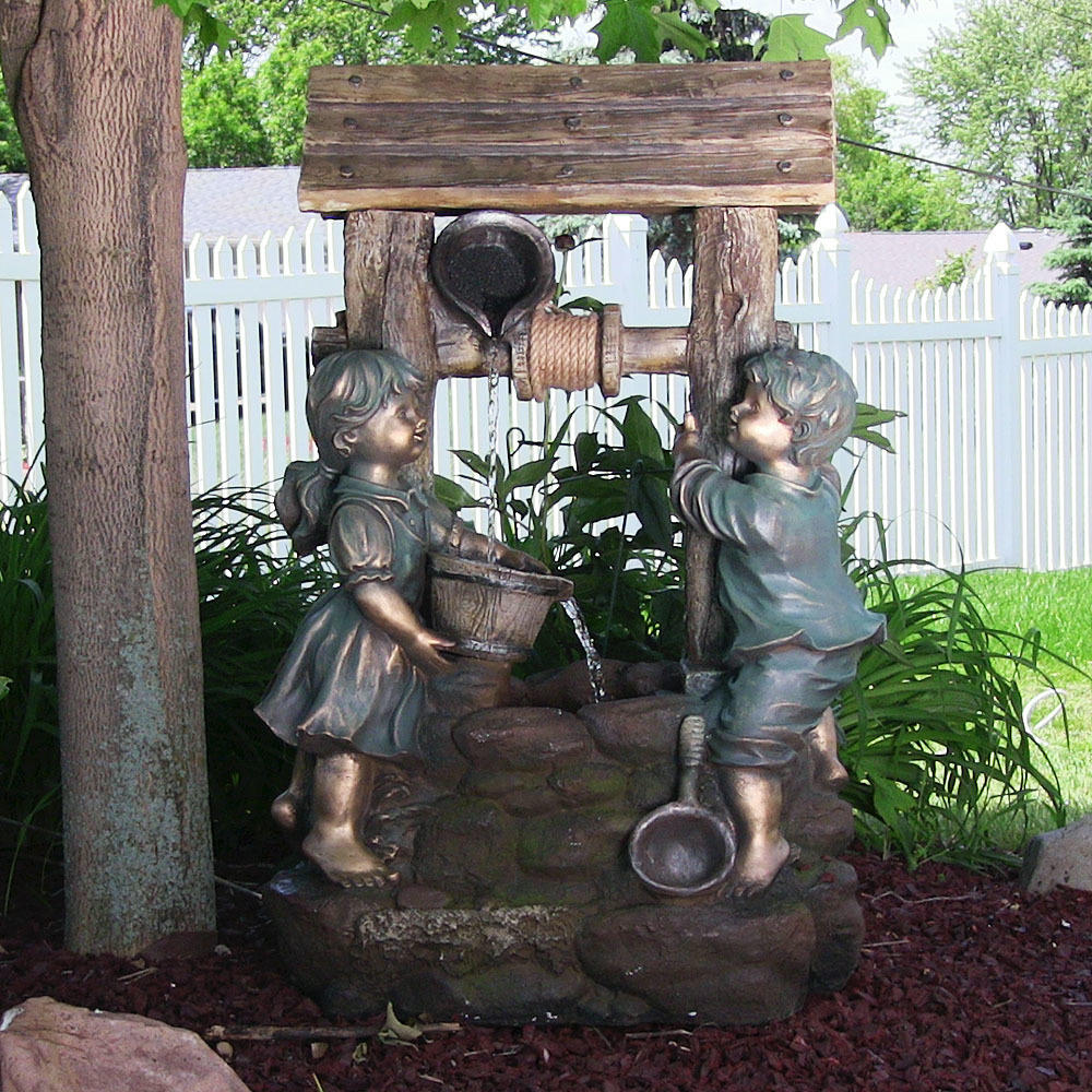 Sunnydaze Decor Children at the Well Outdoor Water Fountain with LED - 39 Inch Tall