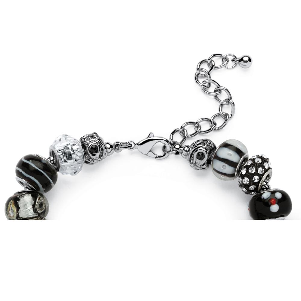 PalmBeach Jewelry Round Black and White Crystal Silvertone Bali-Style Beaded Charm and Spacer Bracelet 8"