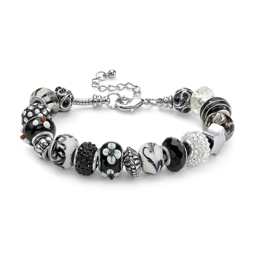 PalmBeach Jewelry Round Black and White Crystal Silvertone Bali-Style Beaded Charm and Spacer Bracelet 8"