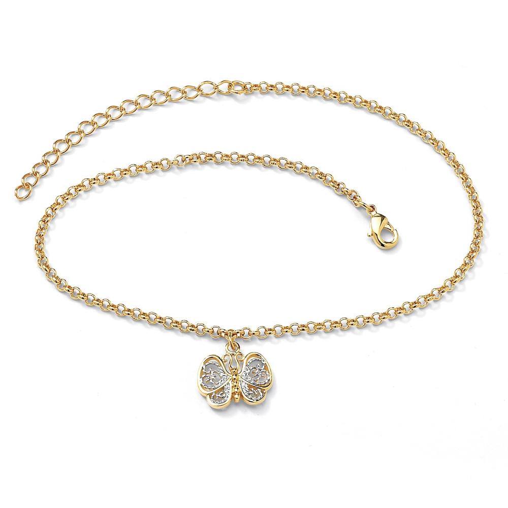 PalmBeach Jewelry 18k Gold-Plated Two-Tone Filigree Butterfly Ankle Bracelet Adjustable 9"-11"