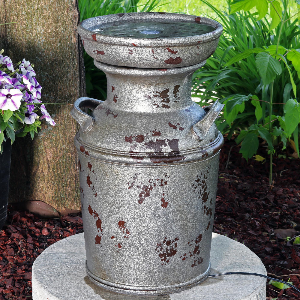 Sunnydaze Decor Vintage Milk Can Birdbath Outdoor Water Fountain with LED Light - 20-Inch