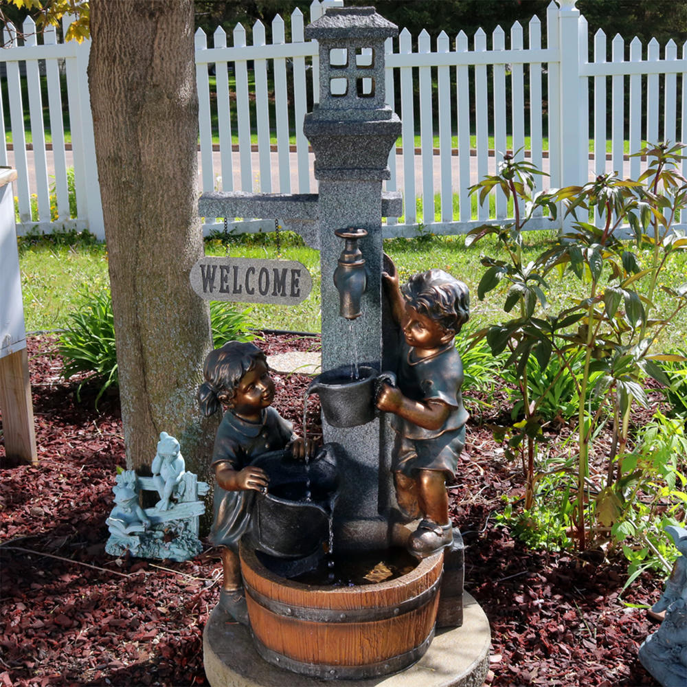 Sunnydaze Decor 40" Water Fountain Statue with Children Playing at Faucet and LED Lights