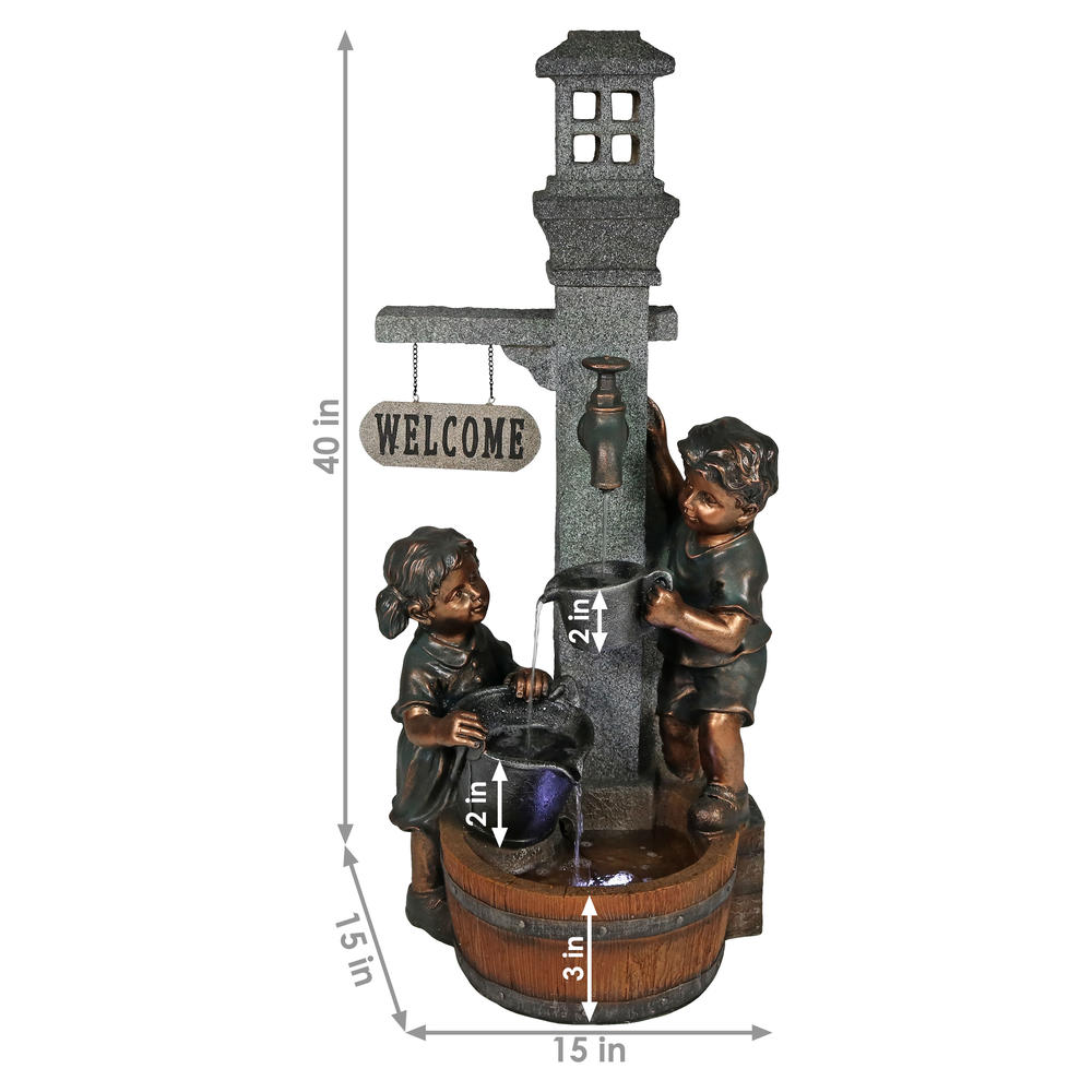 Sunnydaze Decor 40" Water Fountain Statue with Children Playing at Faucet and LED Lights