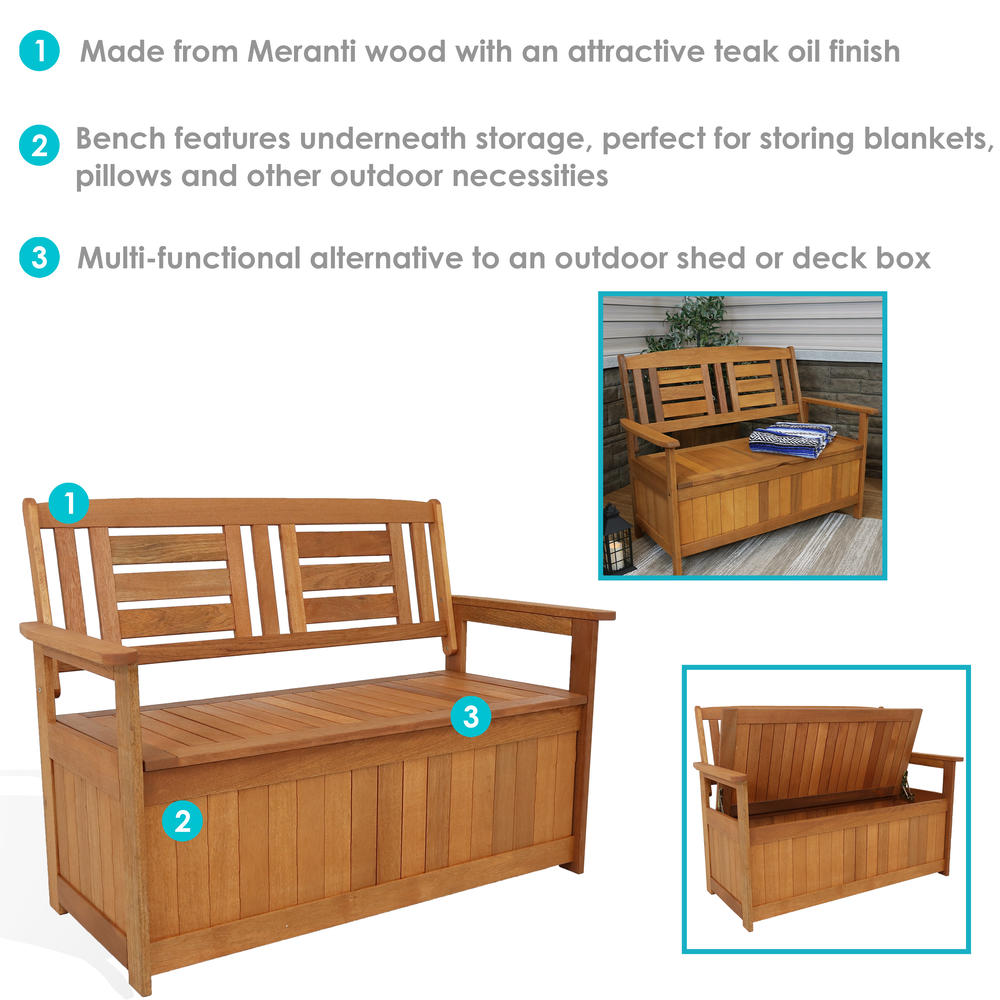 Sunnydaze Decor 47" Meranti Wood Outdoor Storage Bench with Teak Oil Finish