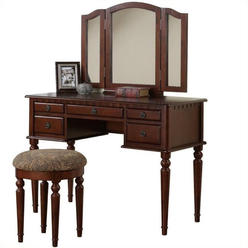 Poundex Wooden Makeup Vanity Set Desk, Mirror and Stool - Cherry, 43" W x 19" D x 54" H, Package Weight 91