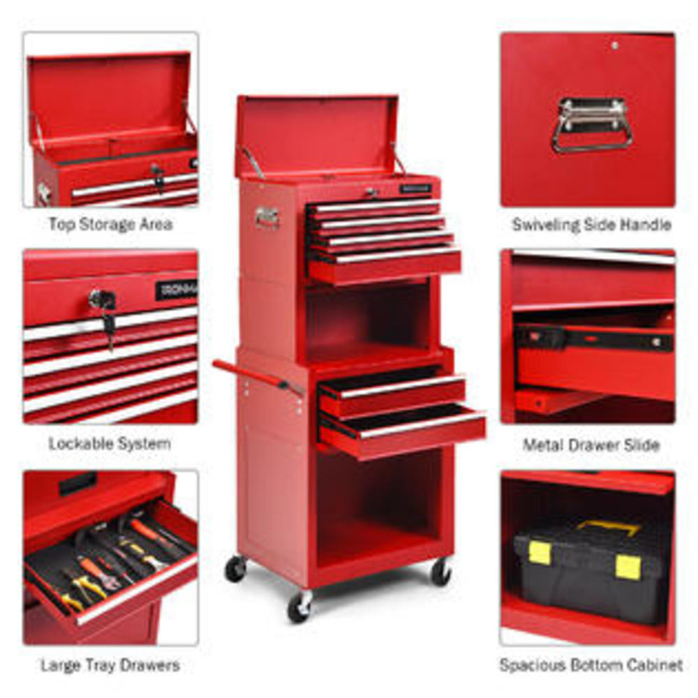 Costway 6Drawer Rolling Tool Chest Storage Toolbox Combo Locking w/Riser Red