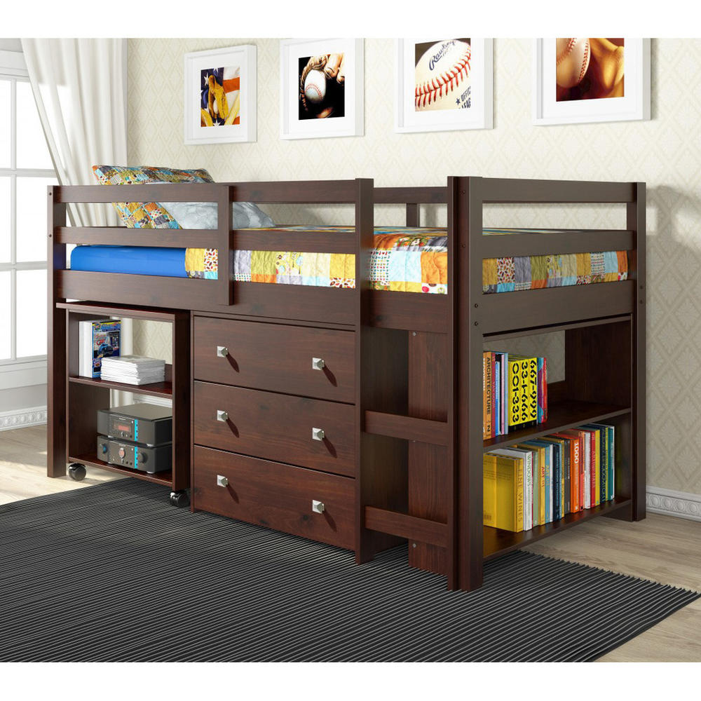 Donco Kids Cappuccino Twin Low Loft Bed with Desk Chest Bookcase