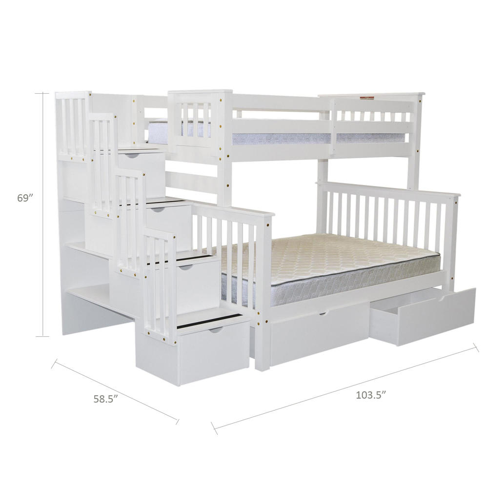 Bedz King Stairway Twin over Full Bunk Bed with Drawers - White