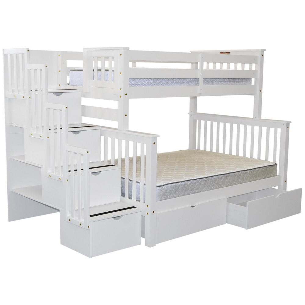 Bedz King Stairway Twin over Full Bunk Bed with Drawers - White