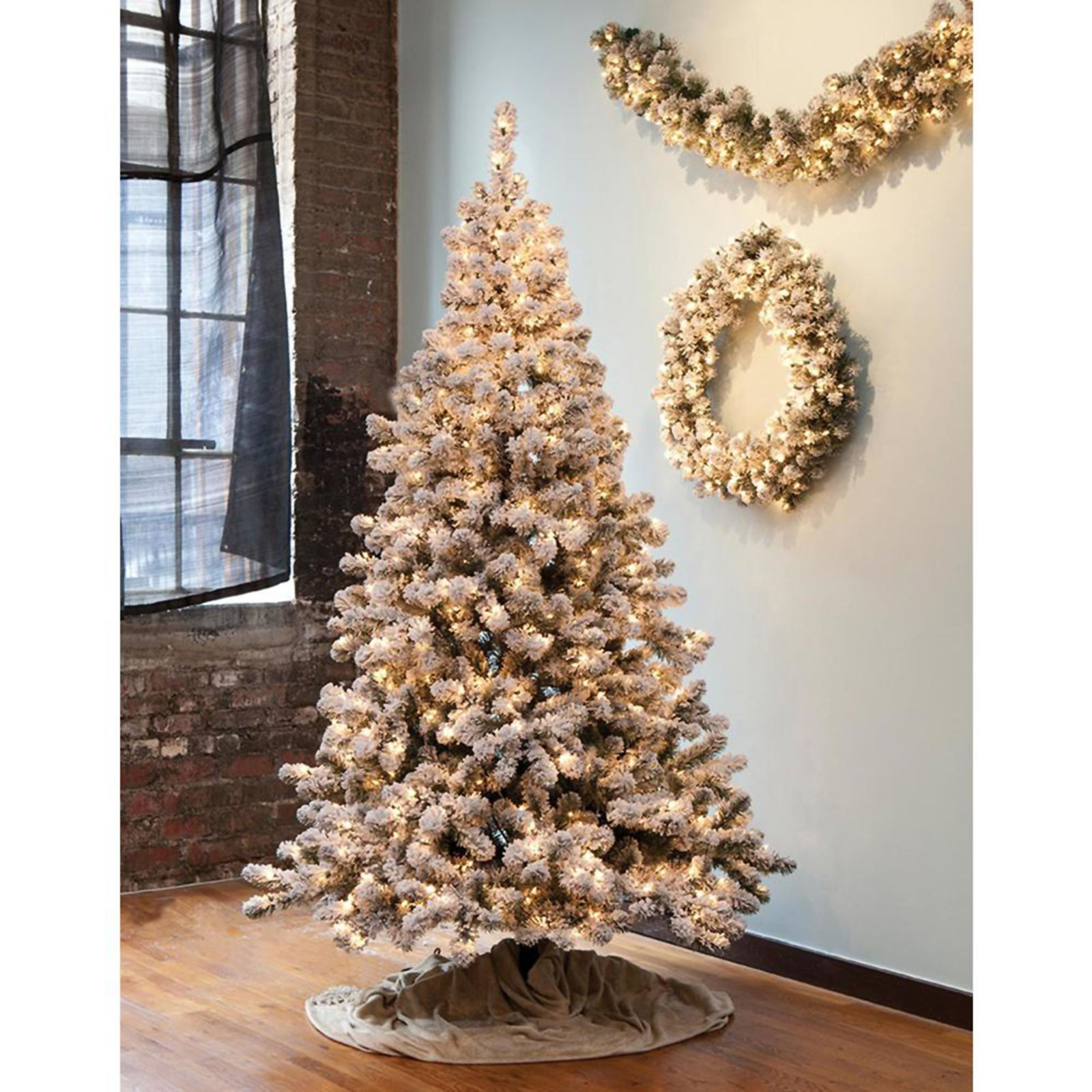 GKI 7.5' Pre-Lit Snowy Pine Flocked Medium Artificial Christmas Tree