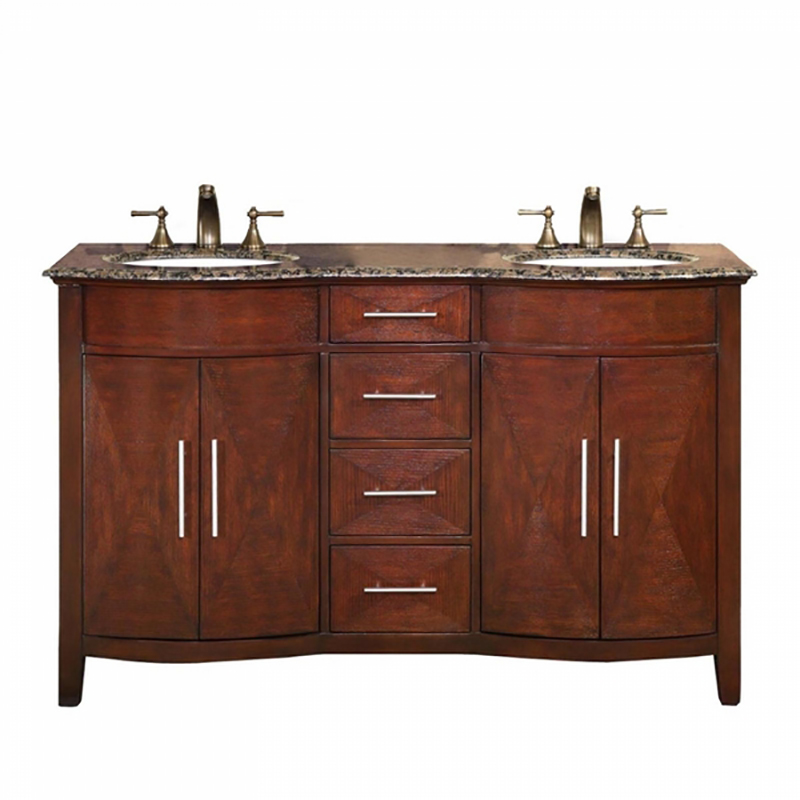 Silkroad Exclusive Cambridge MDF 58" Double Sinks Bathroom Vanity with 4 Drawers - Dark Chestnut