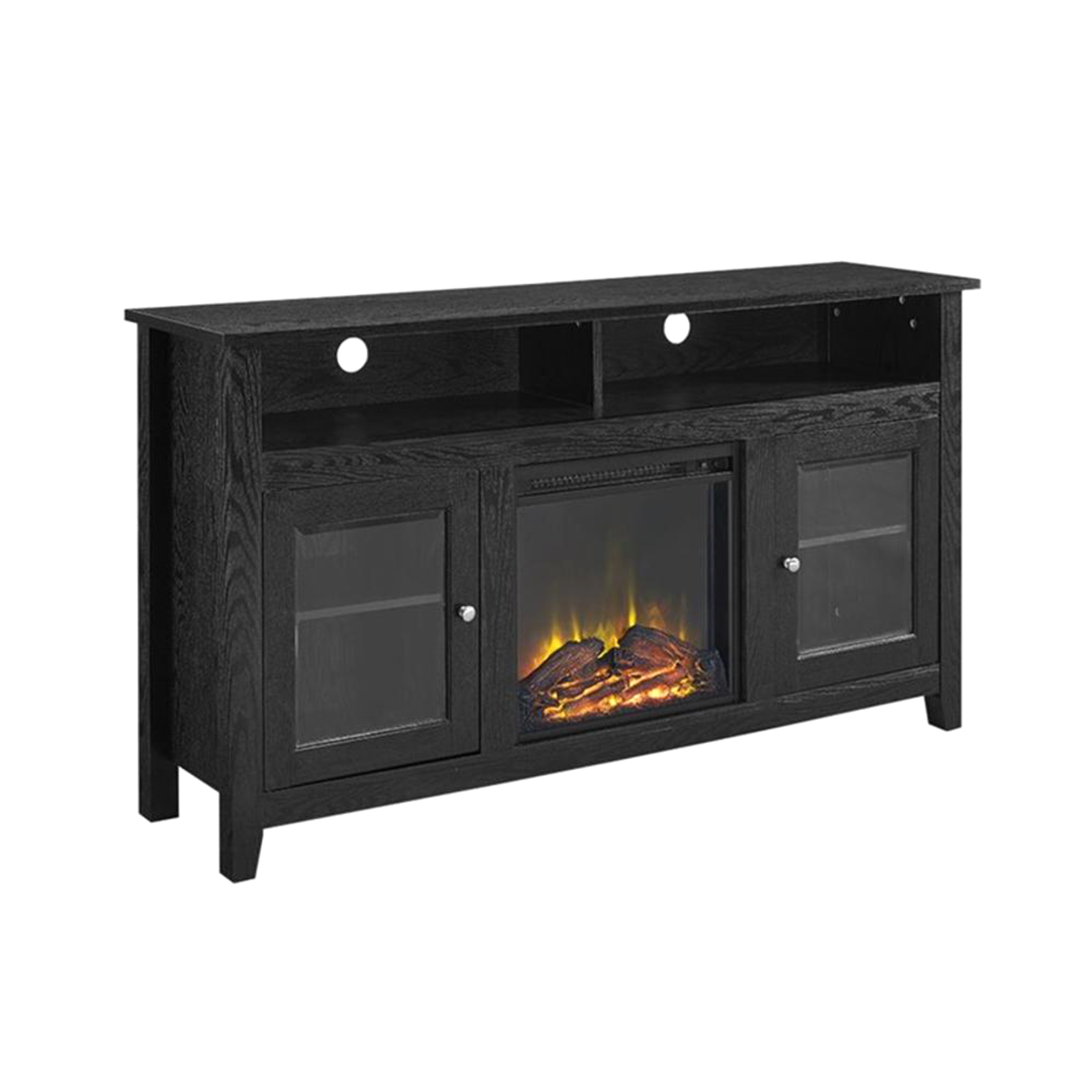 Walker Edison Highboy 58" MDF Wood 3-Tier TV Stand with Electric Fireplace Insert - Black