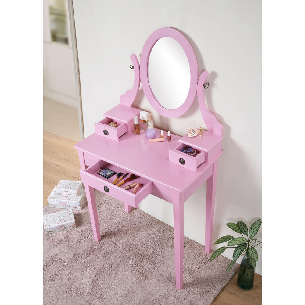 Furnituremaxx Moniya Wood 3pc. 3-Drawer Bedroom Vanity Set with Swivel Mirror - Pink