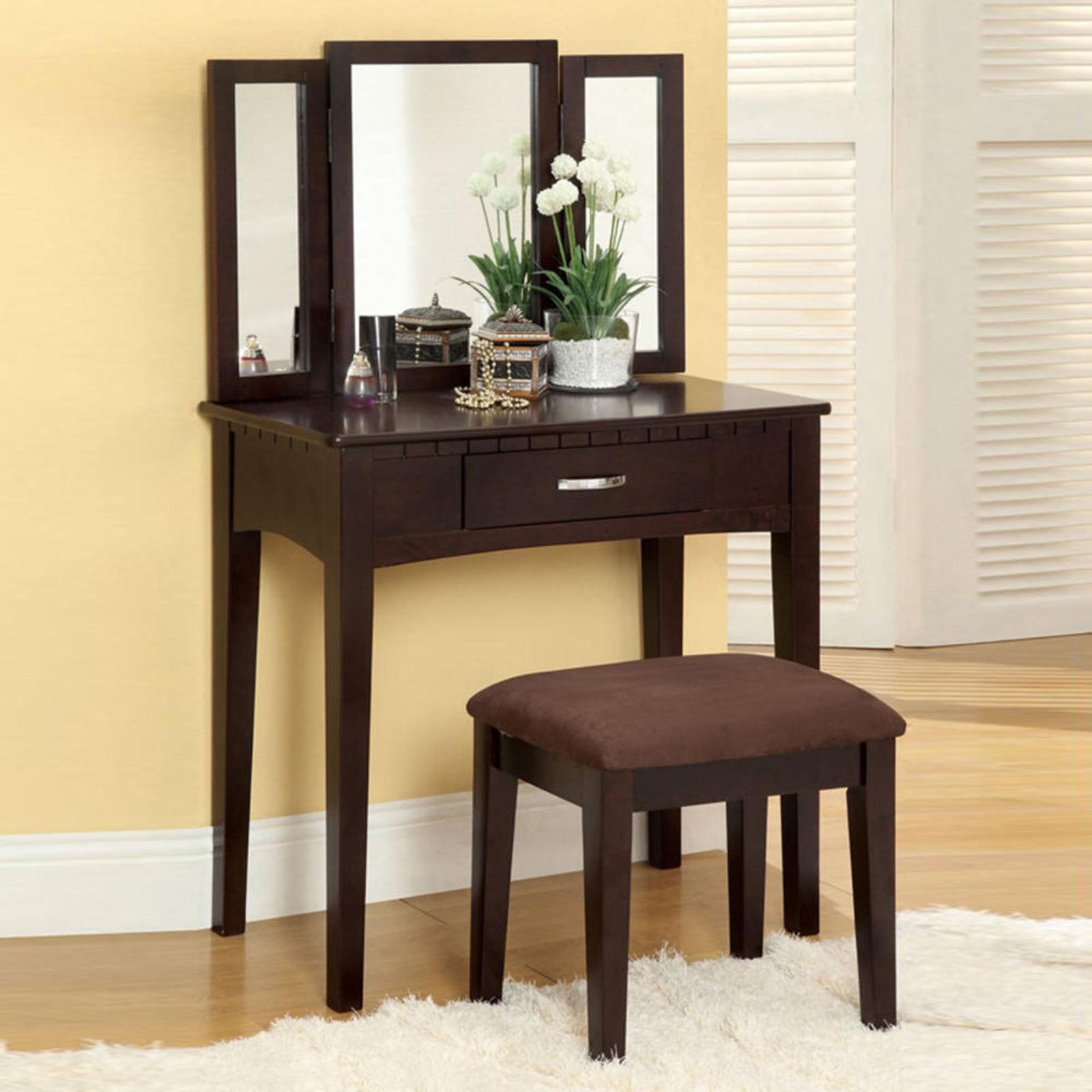 Furniture of America Porterville Wood 3pc. Bedroom Vanity Set with Mirror - Espresso