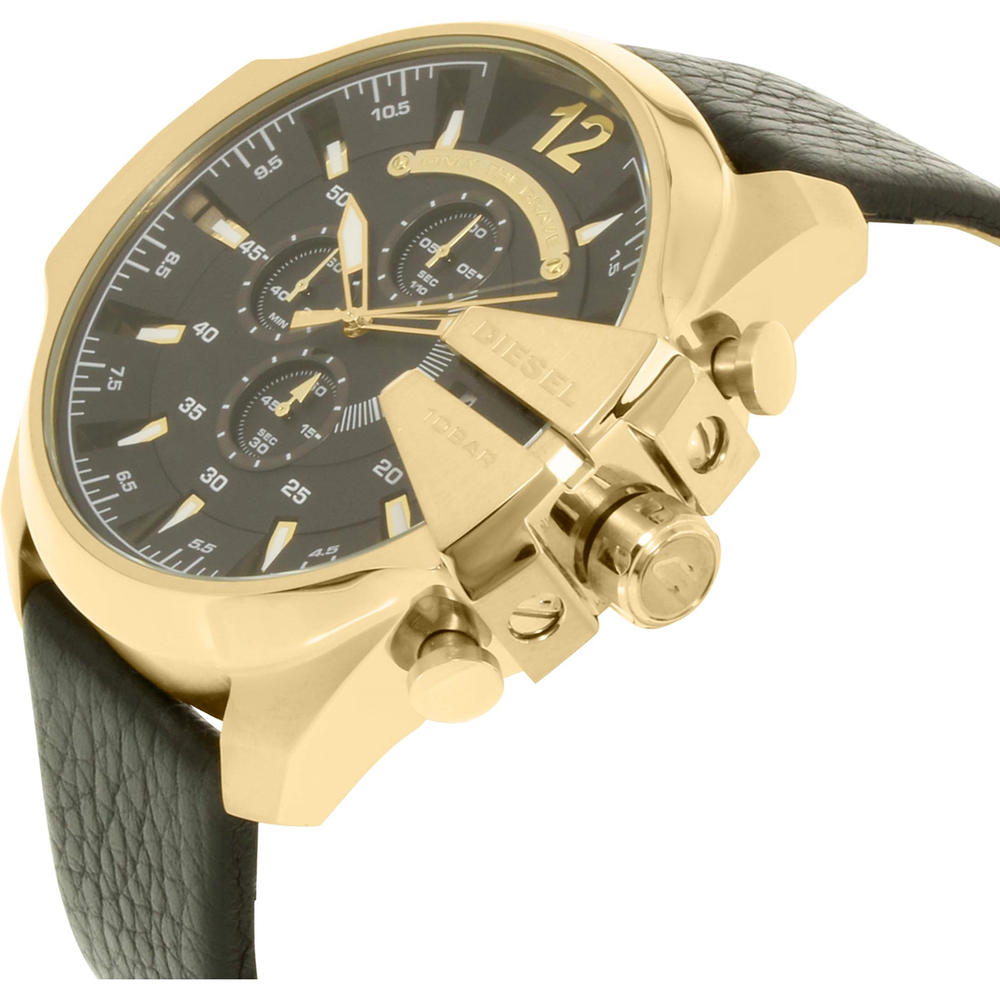 Diesel DZ4344 Men's Mega Chief Gold-Toned Leather Chronograph Watch - Black