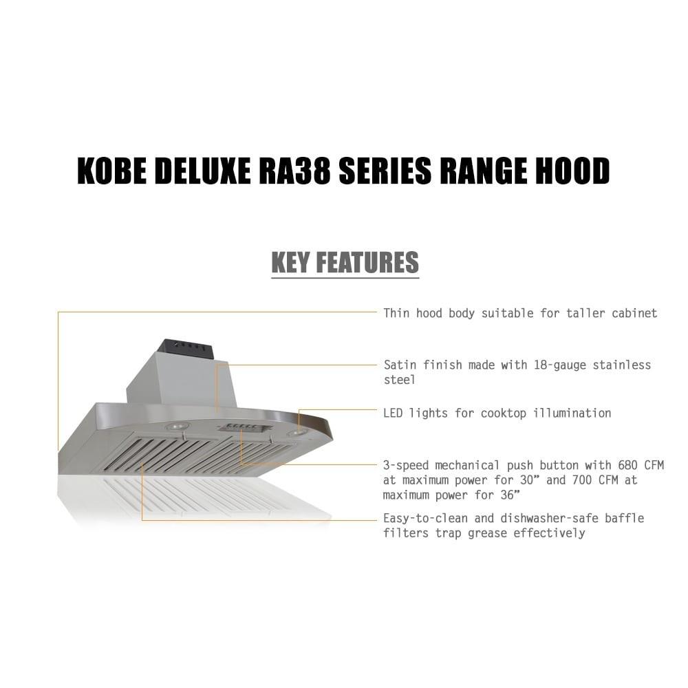 KOBE Range Hoods RA3830SQB_5 Kobe CH3830SQB-1 Premium CH-038 SQB-1 Series 30-Inch Under Cabinet 3-Speed 680 CFM LED Lights Baffl