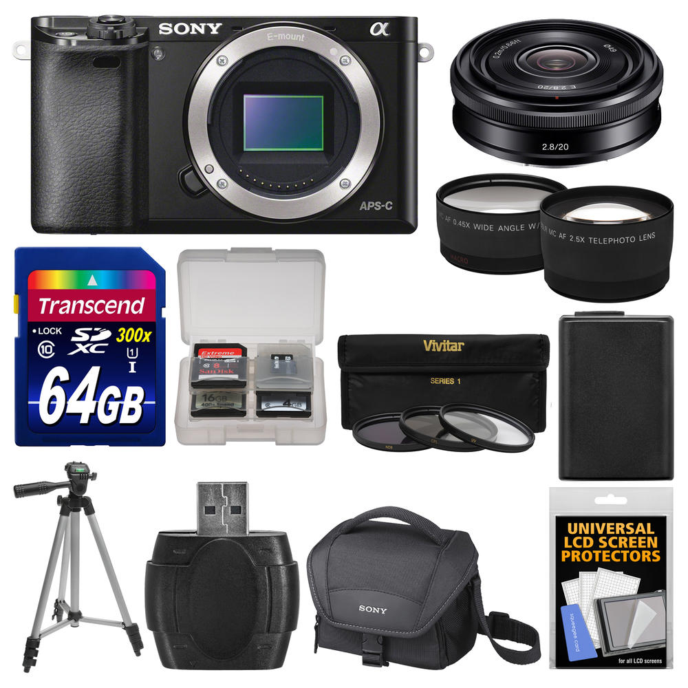 Sony ILCE6000-B-kit-81541 Alpha A6000 Wi-Fi Digital Camera Body (Black) with 20mm f/2.8 Lens + 64GB Card + Case + Battery + Trip