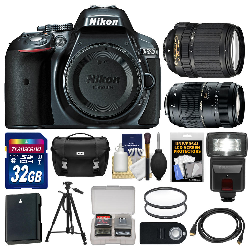 Nikon 1521-kit-79215  D5300 Digital SLR Camera Body (Grey) with 18-140mm VR & 70-300mm Zoom Lens + 32GB Card + Case + Flash + Ba