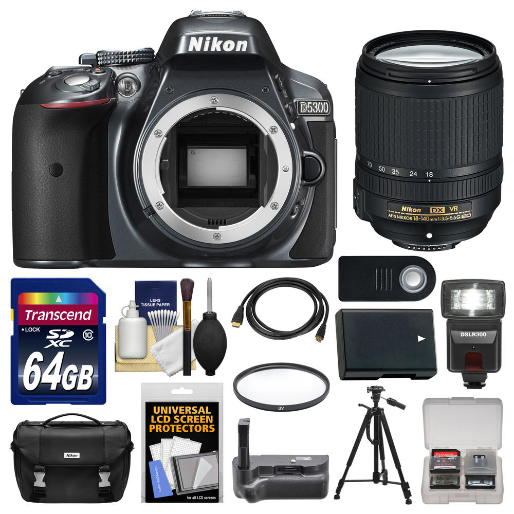 Nikon 1521-kit-79733-s  D5300 Digital SLR Camera Body (Grey) with 18-140mm VR Zoom Lens + 64GB Card + Case + Flash + Grip + Batt