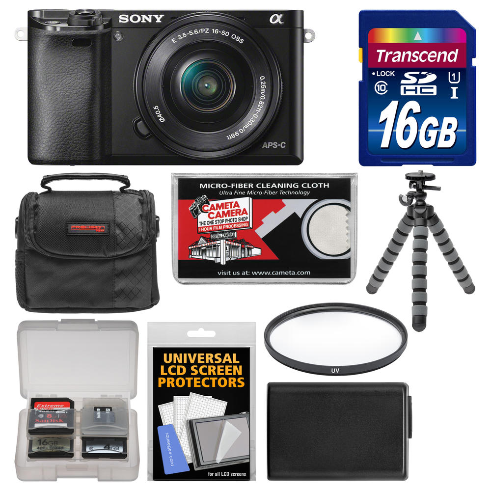 Sony ILCE6000L-B-kit-81527  Alpha A6000 Wi-Fi Digital Camera & 16-50mm Lens (Black) with 16GB Card + Case + Battery + Flex Tripo