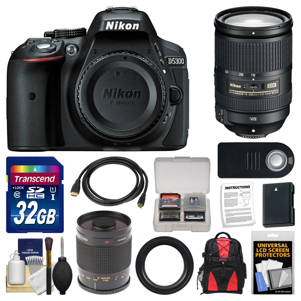 Nikon 1519-kit-79109-s  D5300 Digital SLR Camera Body (Black) with 18-300mm VR Zoom & 500mm Mirror Lens + 32GB Card + Backpack +