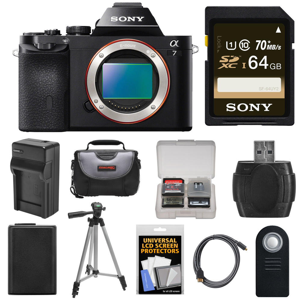 Sony ILCE7-B-kit-79135 Alpha A7 Digital Camera Body (Black) with 64GB Card + Battery + Charger + Case + Tripod + Kit