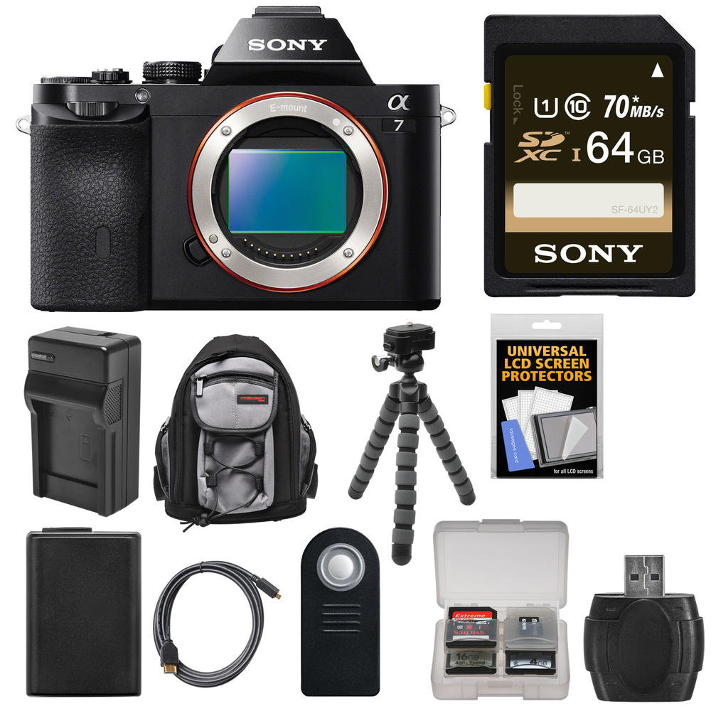 Sony ILCE7-B-kit-79136 Alpha A7 Digital Camera Body (Black) with 64GB Card + Battery + Charger + Backpack + Flex Tripod Kit
