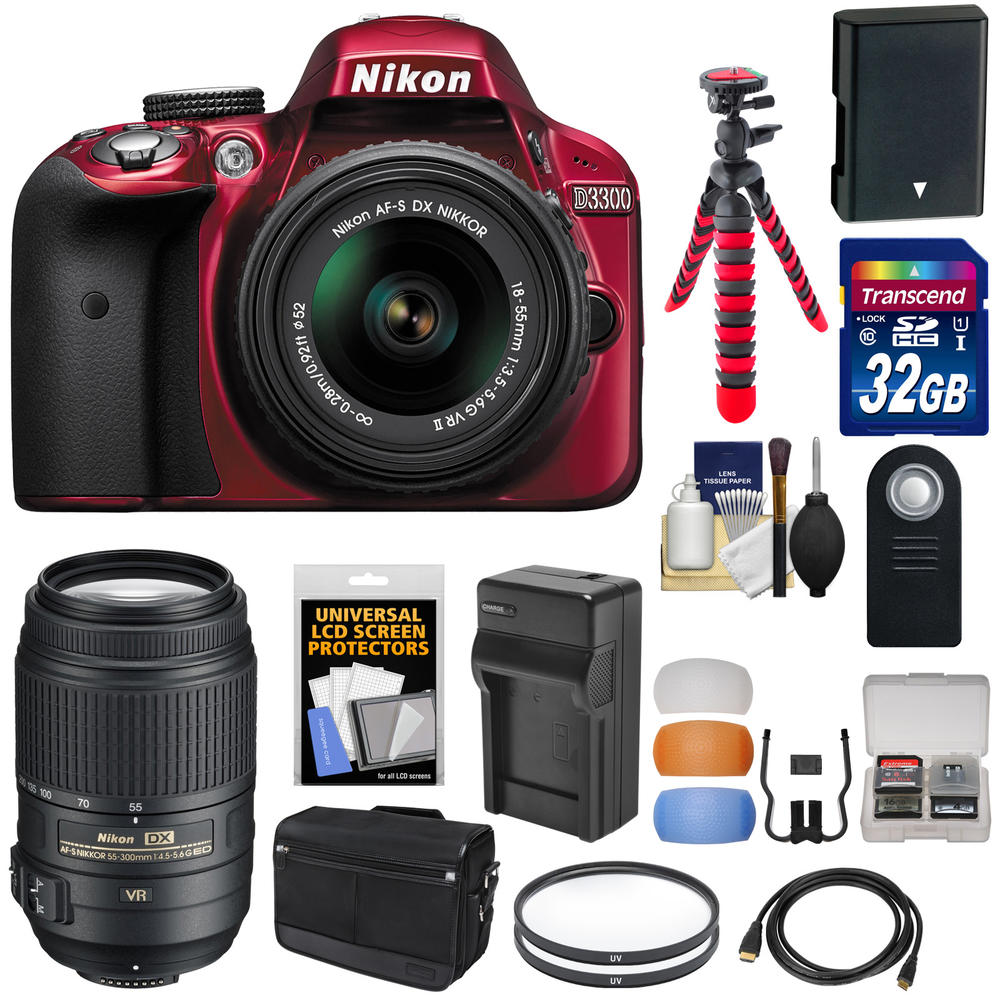 Nikon 1533-kit-80698 D3300 Camera + 18-55 G VR DX II AF-S Lens (Red) + 55-300 VR Lens + 32GB Card + Shoulder Bag + Battery + Cha
