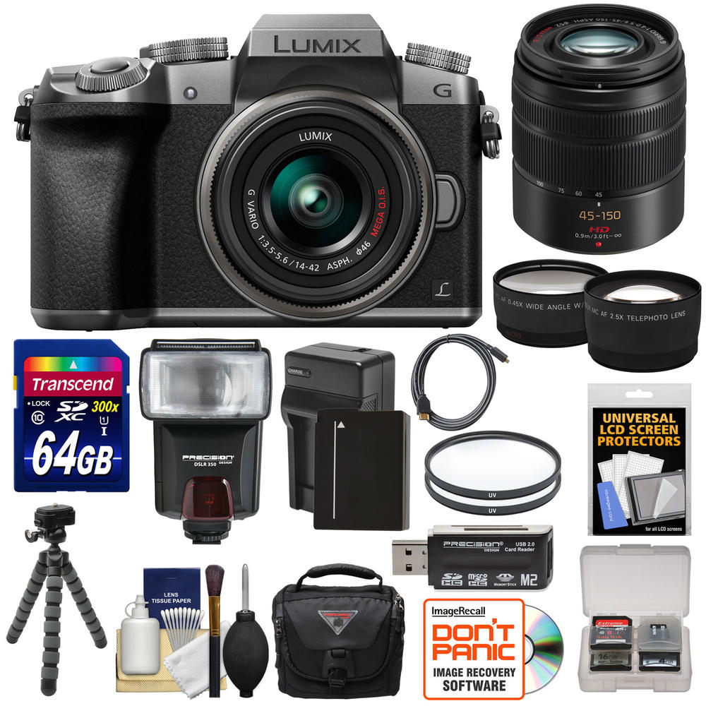 Panasonic DMC-G7KS-kit-88753 Lumix DMC-G7 4K Wi-Fi Camera + 14-42 Lens + 45-150 Lens + 64GB Card + Case + Flash + Battery + Char