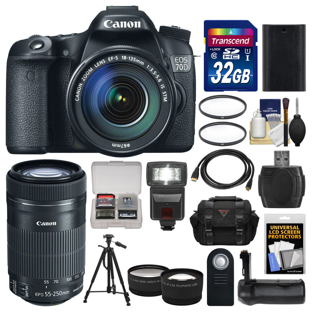 Canon 8469B016-kit-81619 EOS 70D Camera + EF-S 18-135 IS STM Lens + 55-250 IS STM Lens + 32GB Card + Case + Flash + Battery + Gr