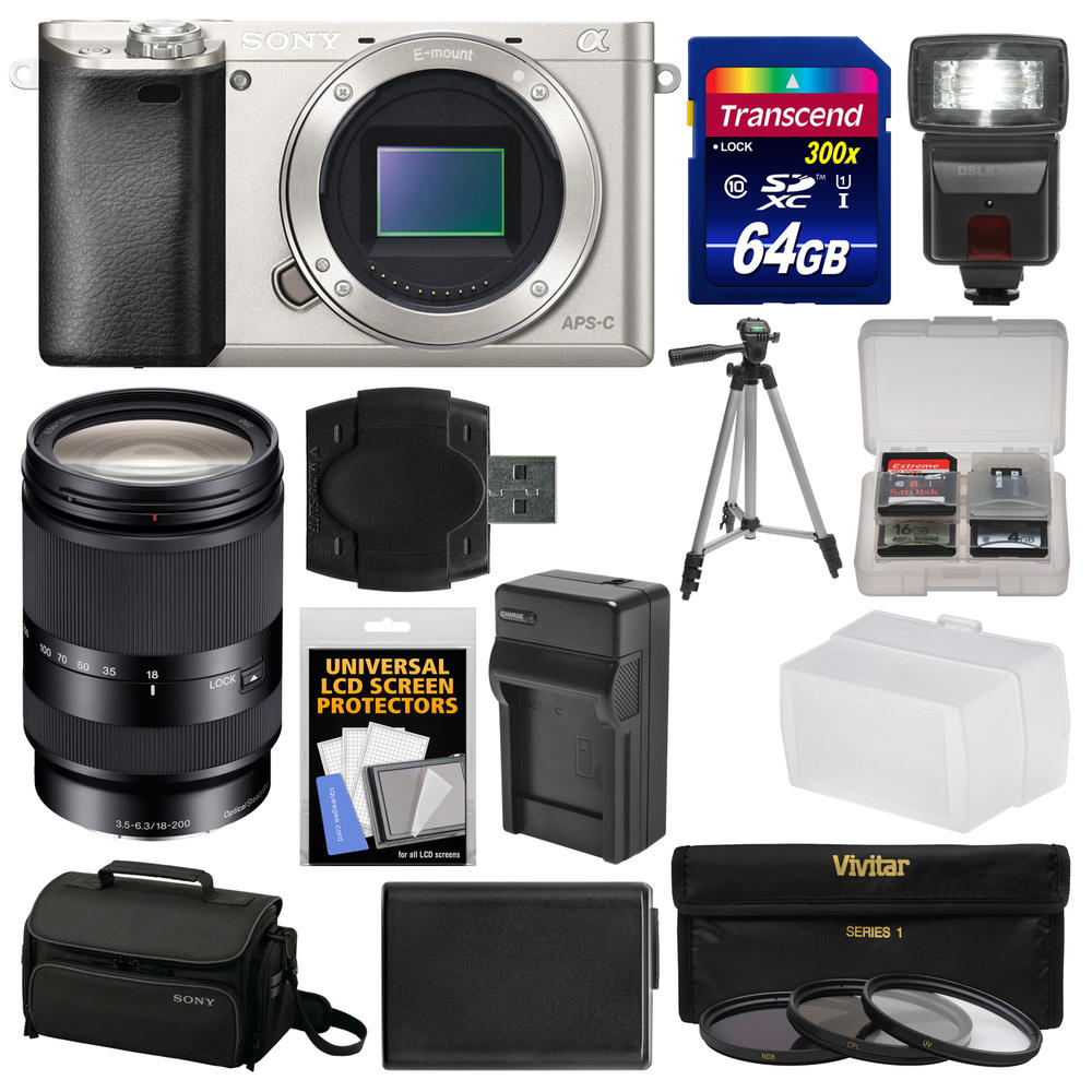 Sony ILCE6000-S-kit-82931 Alpha A6000 Wi-Fi Digital Camera Body + 18-200mm LE Zoom Lens + 64GB Card + Case + Flash + Battery/Cha