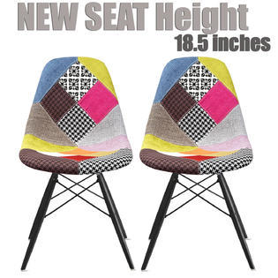 Set Of Two 2 Multicolor Modern Upholstered Eames Replica Side Fabric Chair Patchwork Multi Pattern Black Wood Eiffel Legs