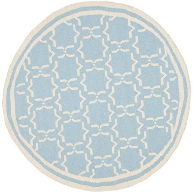 Safavieh  Dhurries Collection DHU545B Hand Woven Light Blue and Ivory Premium Wool Round Area Rug 8' Diameter Light Blue/Ivory