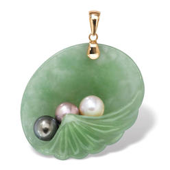 PalmBeach Jewelry Genuine Green Jade and Freshwater Cultured Pearl 14k Yellow Gold Shell Pendant