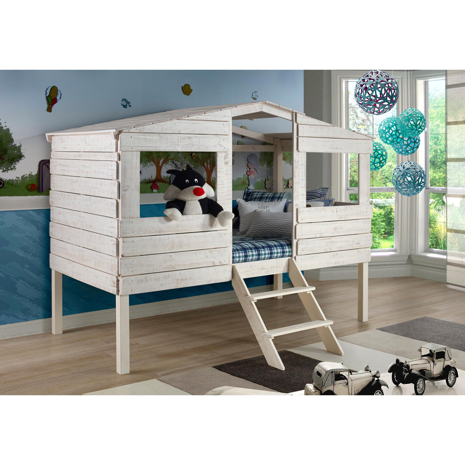 DONCO kids Twin Tree House Loft Bed with Fixed Ladder - Rustic Sand