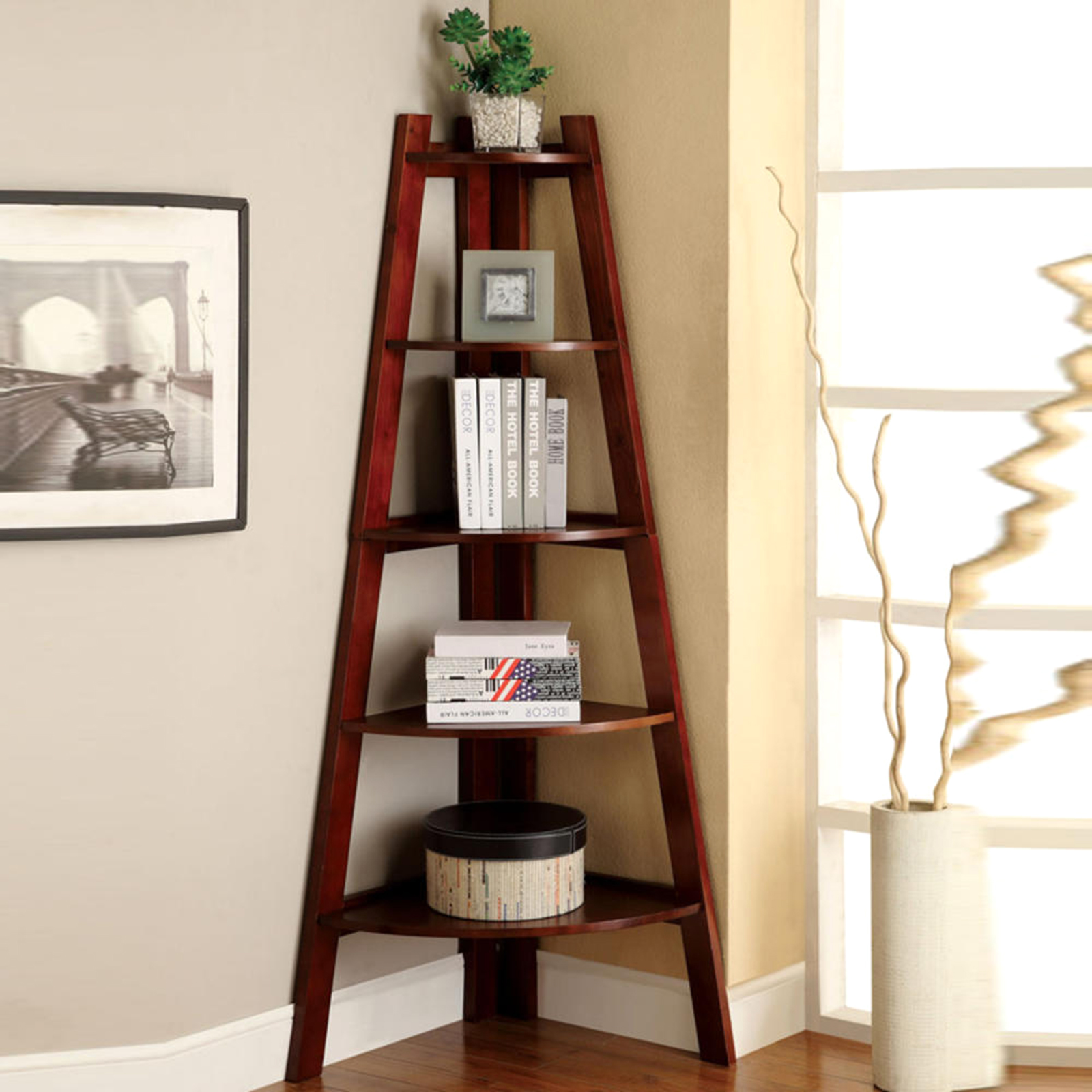 Furniture of America 63" 5-Tier Contemporary Ladder Shape Corner Bookcase Display Shelf - Cherry