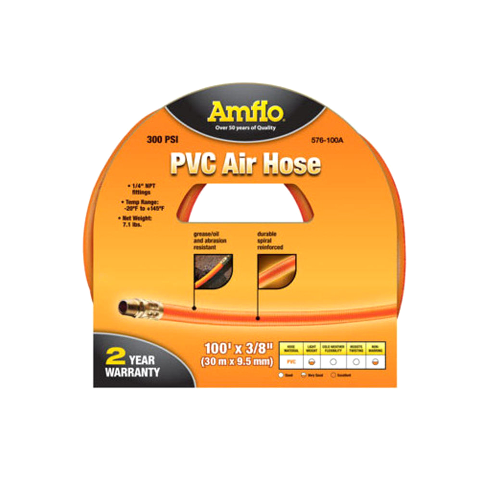 Amflo 576-100A 1/4" x 100' PVC Air Hose with NPT Fittings - Orange
