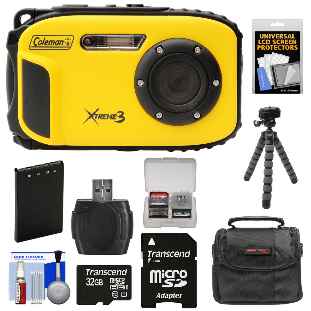 Coleman C9WP-Y-kit-84780  Xtreme3 C9WP Shock & Waterproof 1080p HD Digital Camera (Yellow) with 32GB Card + Battery + Case + Fle