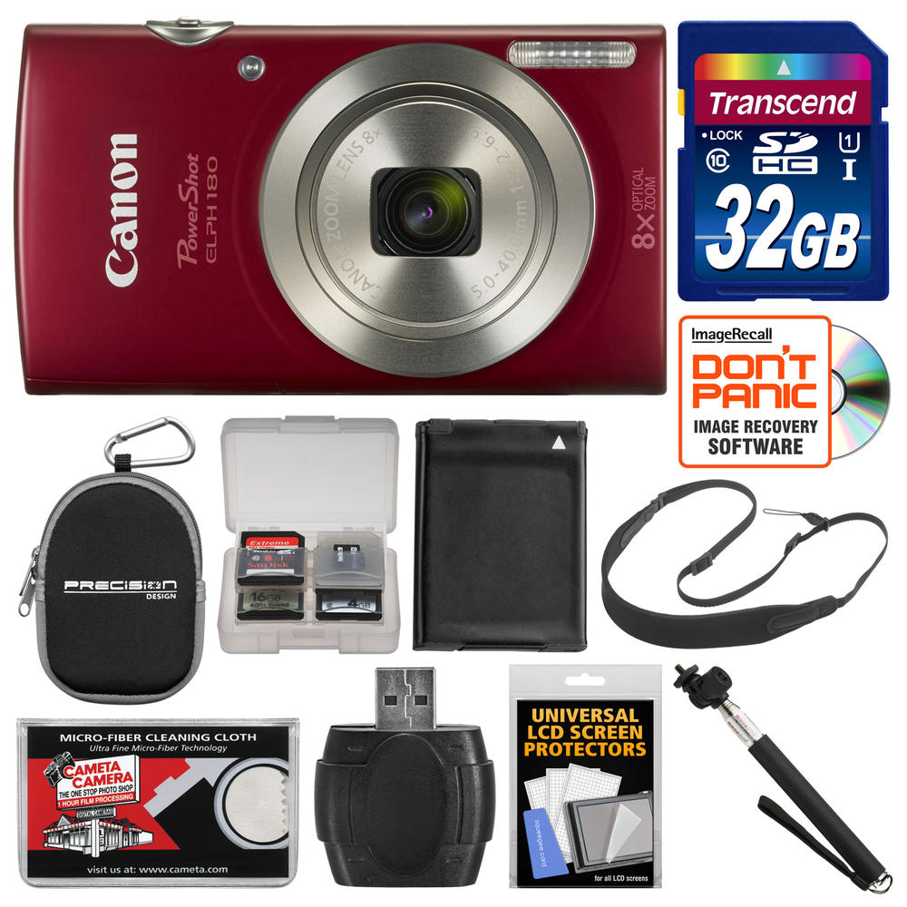 Canon 1096C001-kit-91428  PowerShot Elph 180 Digital Camera (Red) with 32GB Card + Case + Battery + Selfie Stick + Sling Strap +