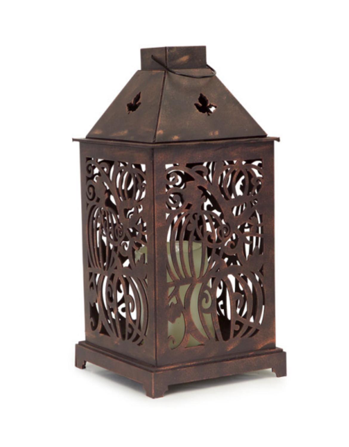Melrose 13.25" Battery Operated Rustic Brown Swirling Pumpkin and Maple Leaf Cut Out Halloween Lantern with 4 and 8 Hour Timer