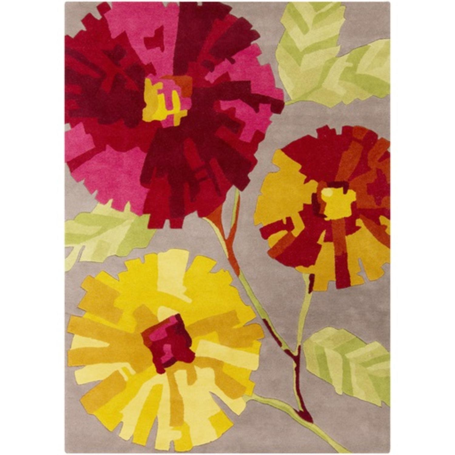 Diva At Home 9' x 12' Floral Escapades Berry Red and Honey Yellow Hand Tufted Zealand Wool Area Throw Rug