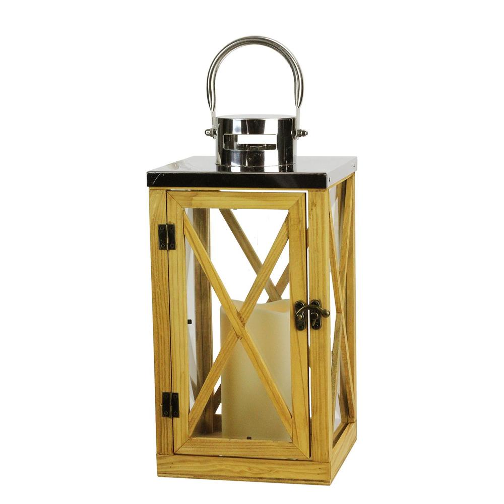 Gerson 13.5" Rustic Wood and Stainless Steel Lantern with LED Flameless Pillar Candle with Timer