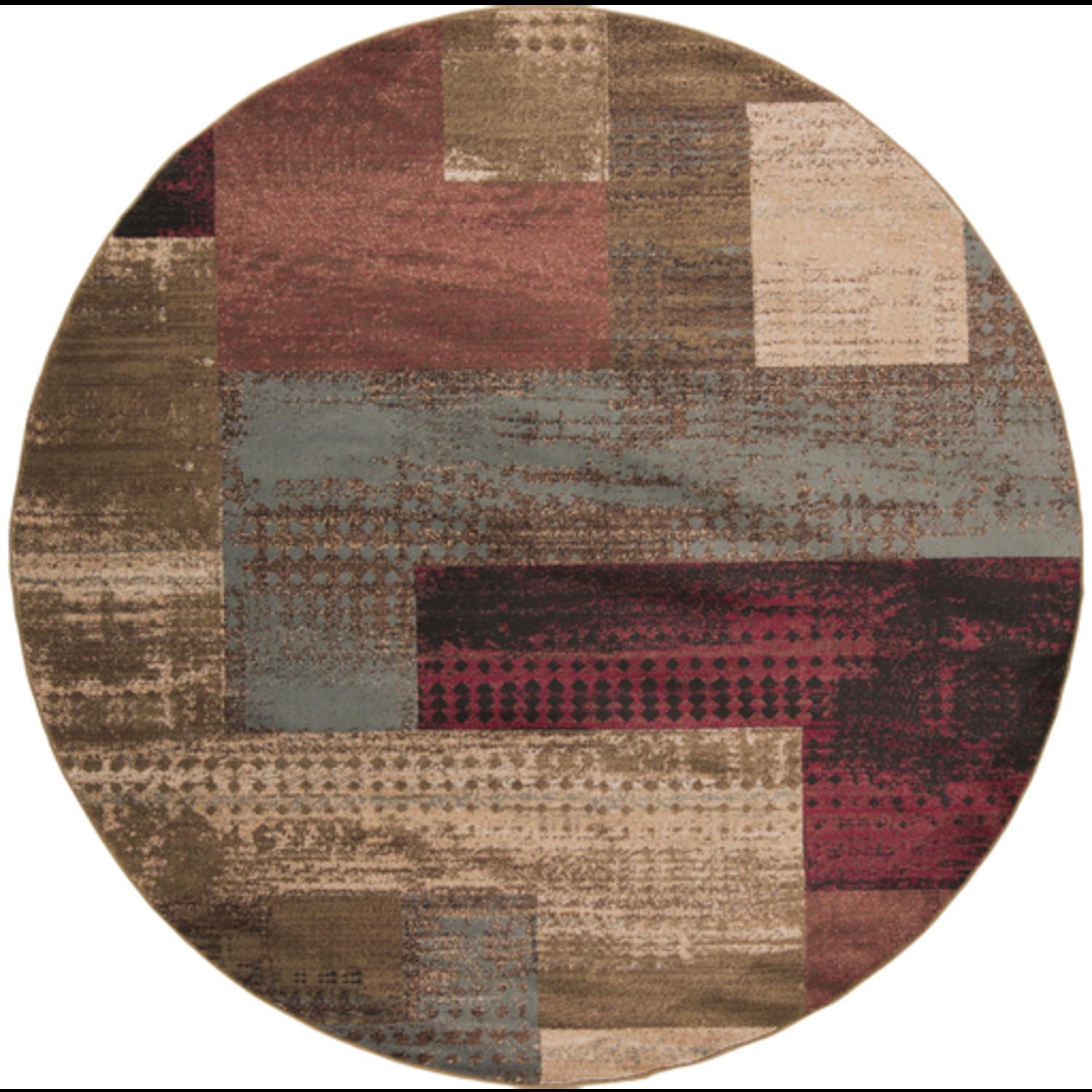 Diva At Home  8' Blended Squares Burgundy Smoke Gray and Beige Shed-Free Round Area Throw Rug