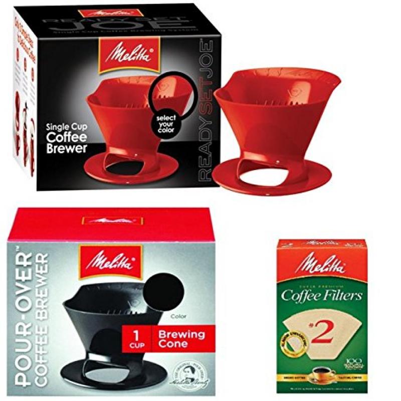 Melitta ADIB00PTSHOXO  Ready Set Joe Single Cup Pour Over Coffee Brewer Maker  1 Black & 1 Red